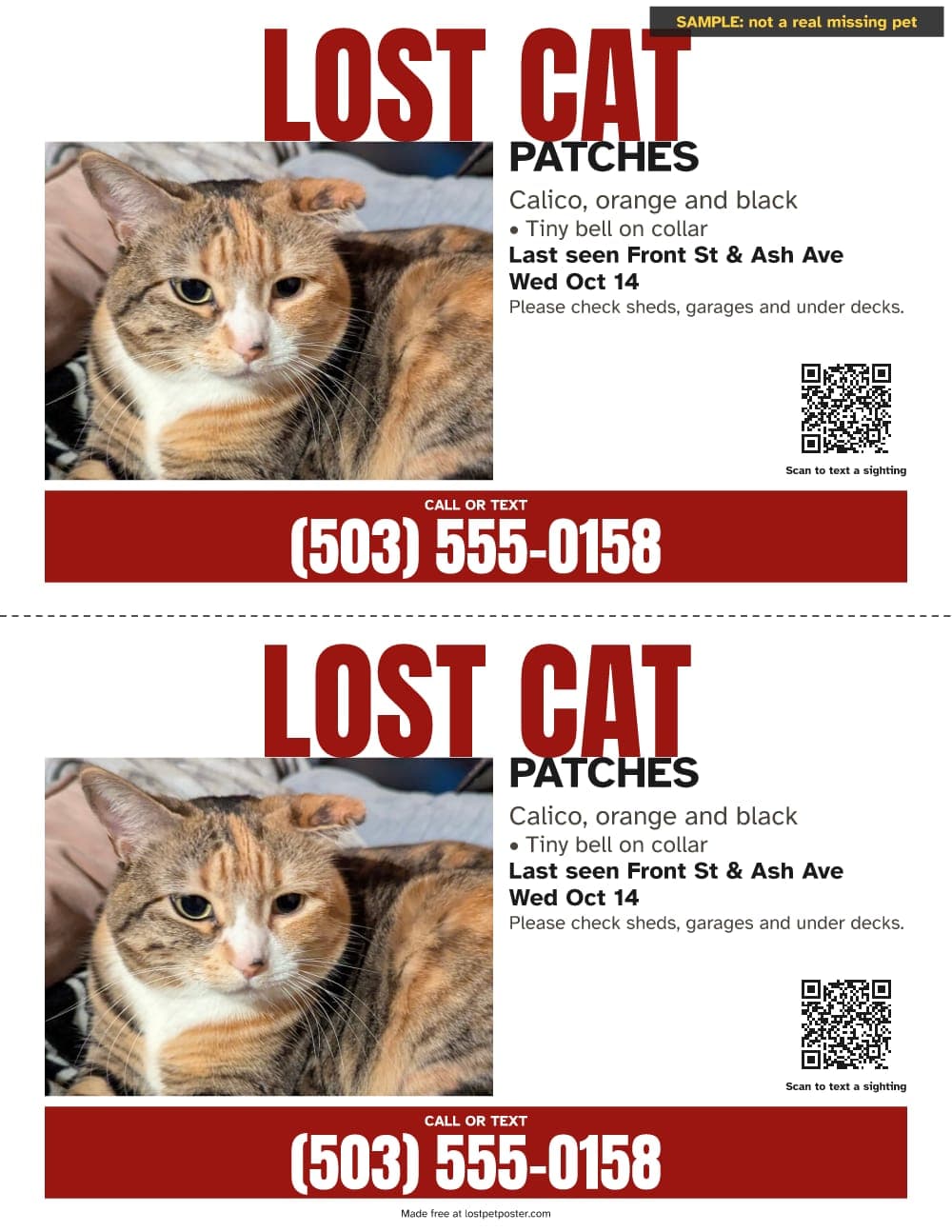 SAMPLE, not a real missing pet: two LOST CAT flyers for a calico cat named Patches
