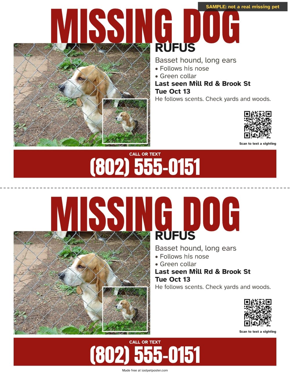 SAMPLE, not a real missing pet: two MISSING DOG flyers for a basset hound named Rufus with a second photo inset