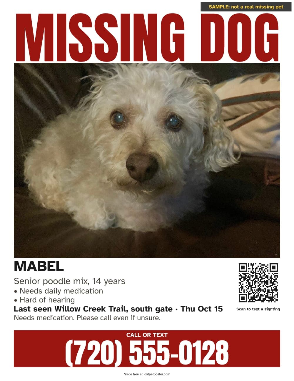 SAMPLE, not a real missing pet: MISSING DOG poster for a senior poodle mix named Mabel who needs medication