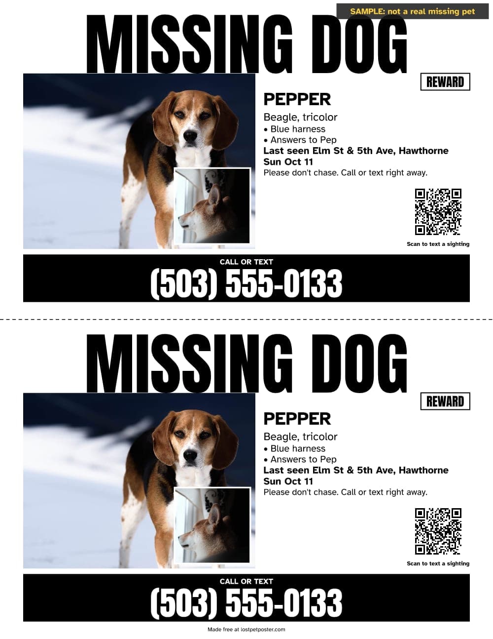 SAMPLE, not a real missing pet: black and white MISSING DOG flyer for a beagle named Pepper